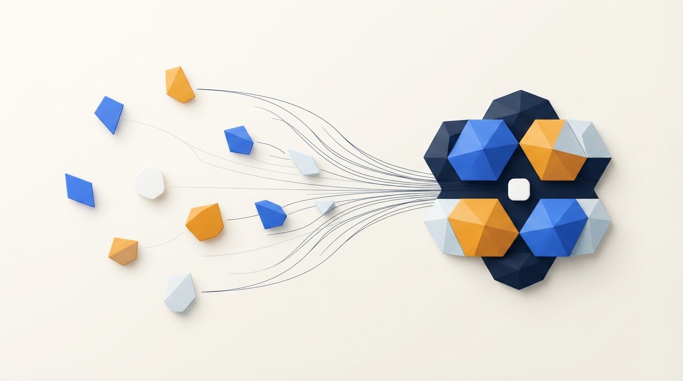 Abstract HRLogX visual showing fragmented workforce information becoming clear and connected